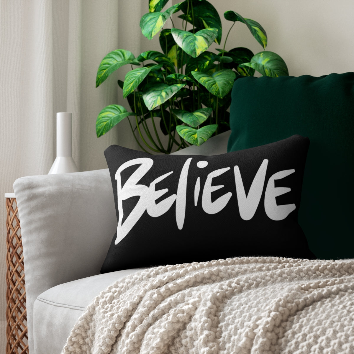 Believe One God the Brand Black Lumbar Pillow