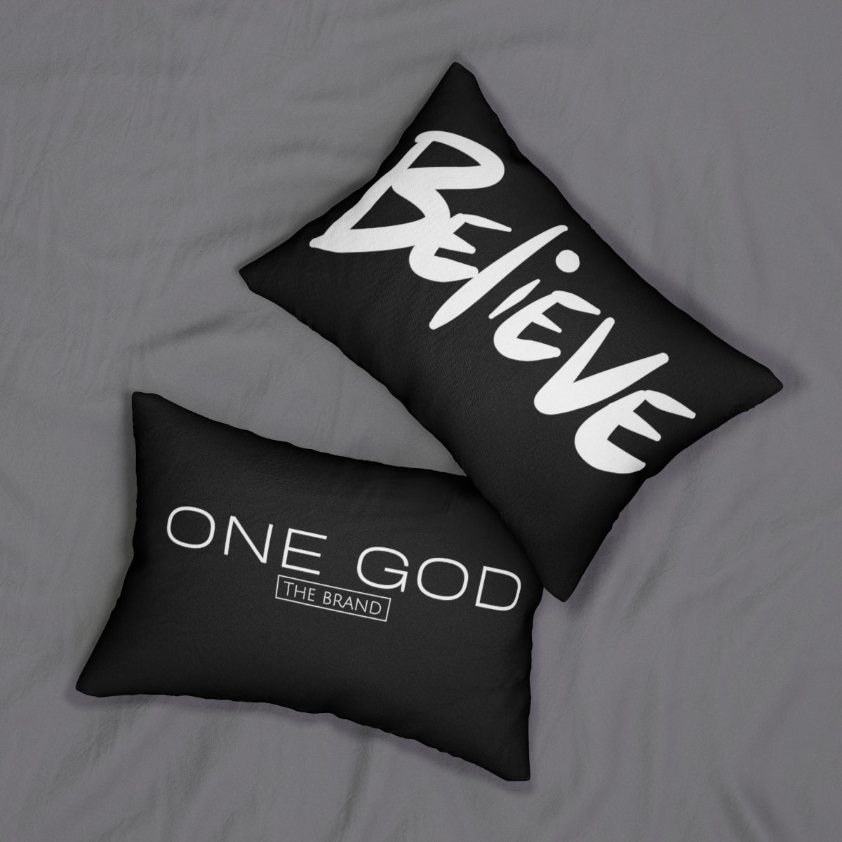 Believe One God the Brand Black Lumbar Pillow
